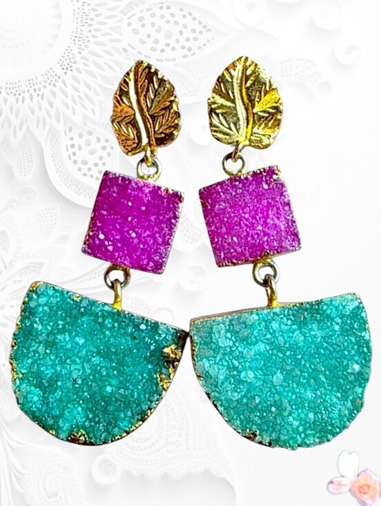 Jewelry - Colorful Druzy Dangle Earrings Leaf Post Pink Green Gold 898